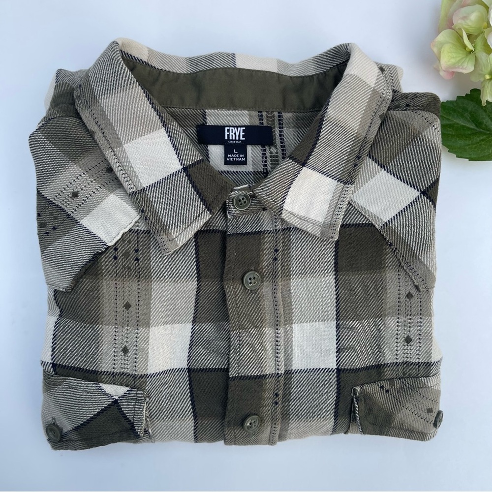 FRYE Men's Olive and Cream Plaid Shirt size L